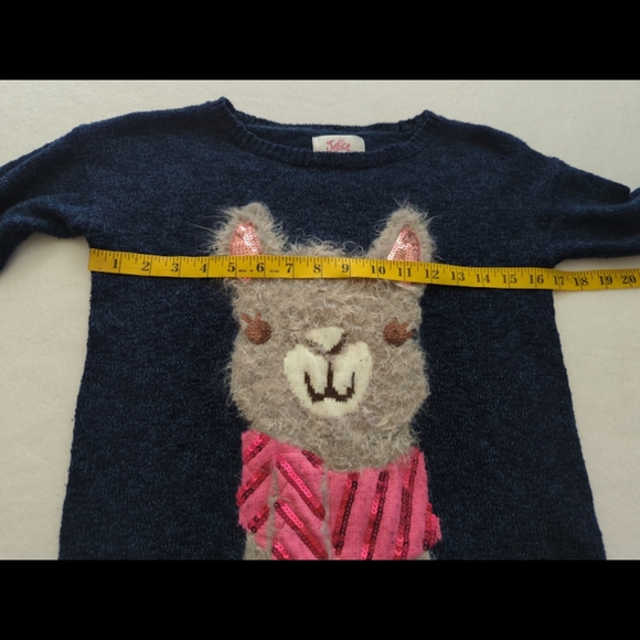 JUSTICE Navy Pullover Sweater w Fuzzy Sequined Llama Size 12 - Picture 4 of 8